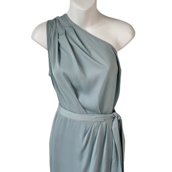 New Ruched Pale Blue Bodycon Dress Sz M One Shoulder Wrap Satin Cocktail Wedding - Picture 5 of 15